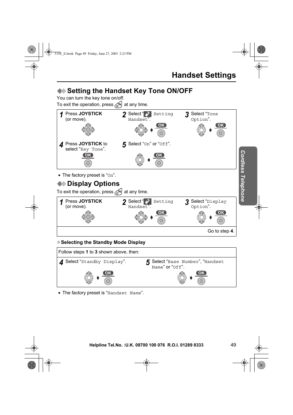 Handset settings, Setting the handset key tone on/off, Display options | Panasonic KX-TCD515E User Manual | Page 49 / 96