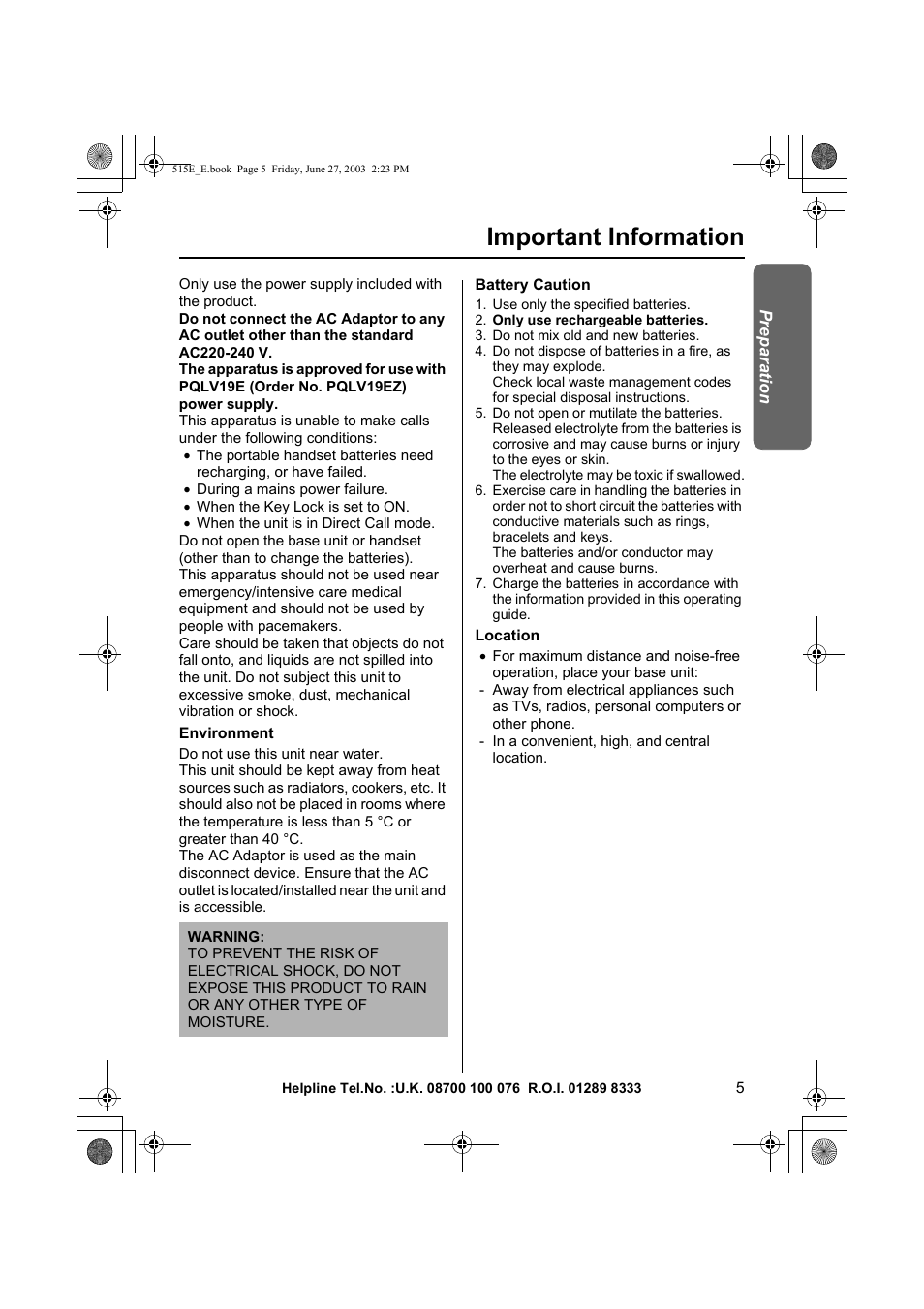 Important information | Panasonic KX-TCD515E User Manual | Page 5 / 96