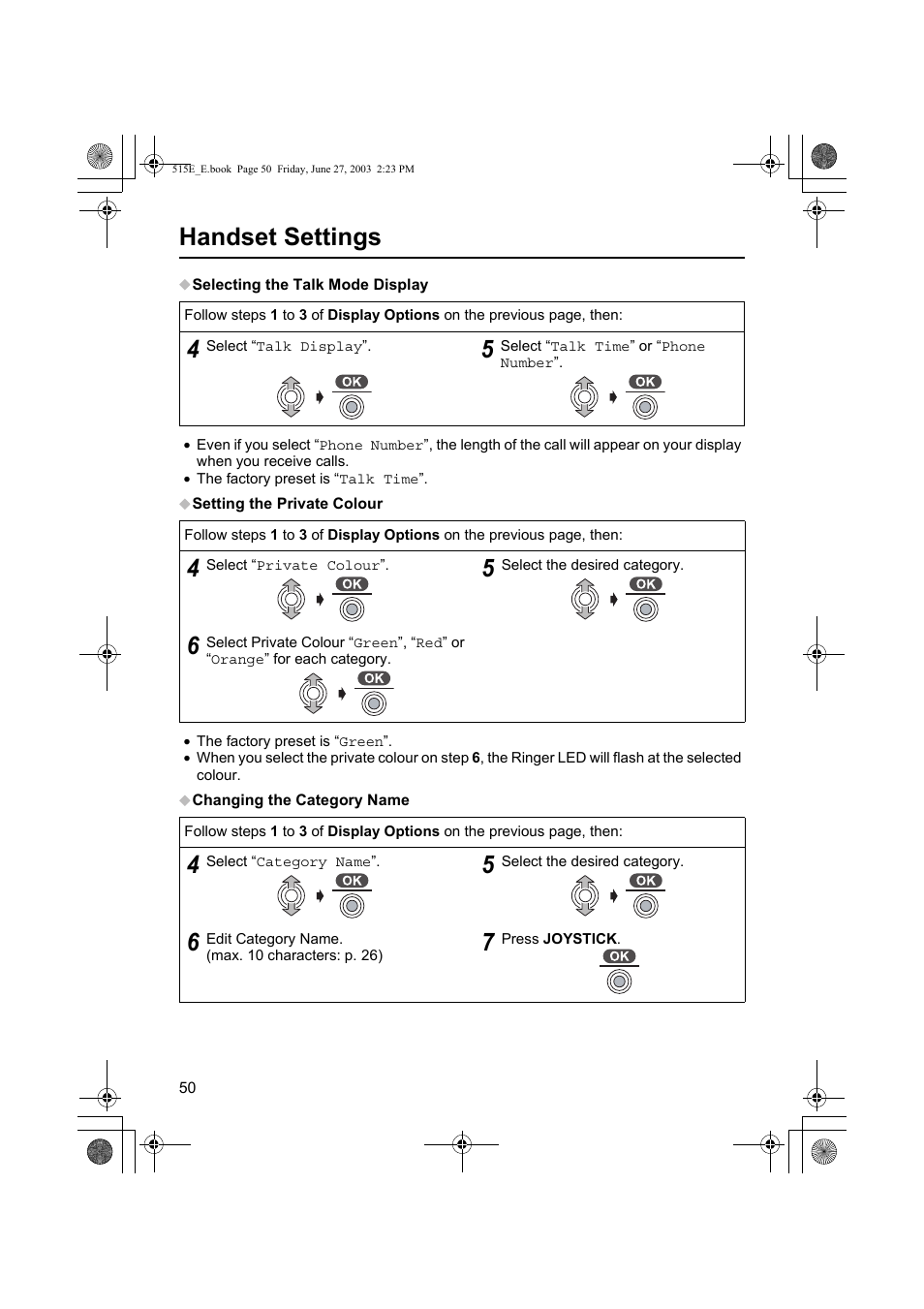 Handset settings | Panasonic KX-TCD515E User Manual | Page 50 / 96