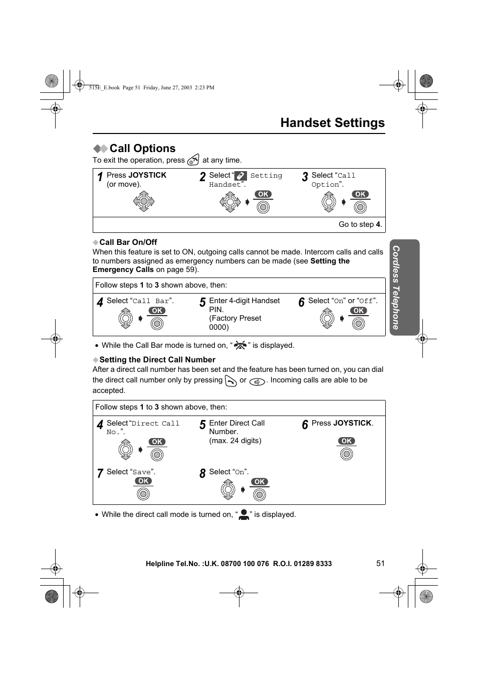 Handset settings, Call options | Panasonic KX-TCD515E User Manual | Page 51 / 96