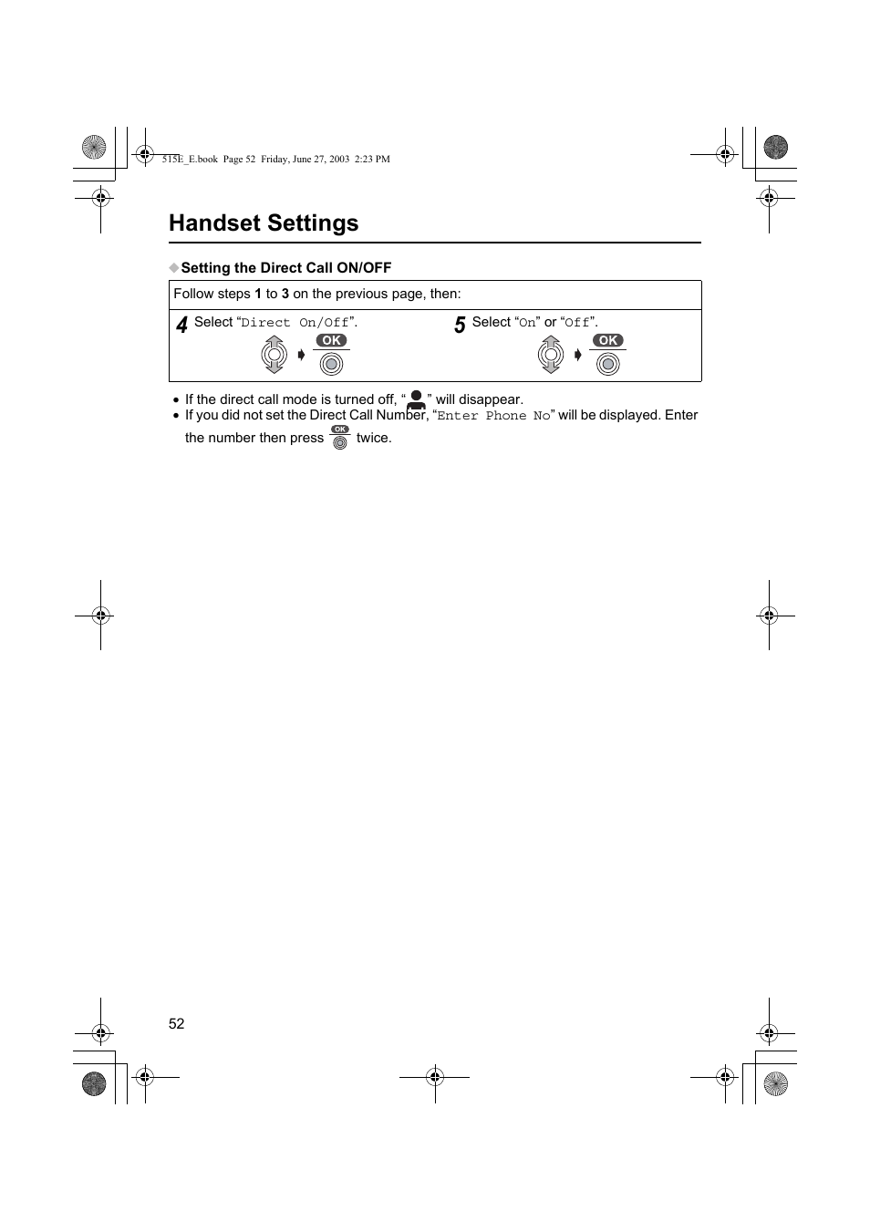 Handset settings | Panasonic KX-TCD515E User Manual | Page 52 / 96