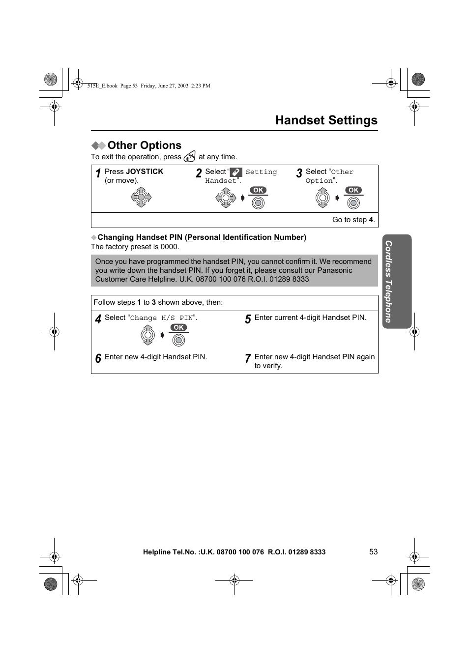 Handset settings, Other options | Panasonic KX-TCD515E User Manual | Page 53 / 96