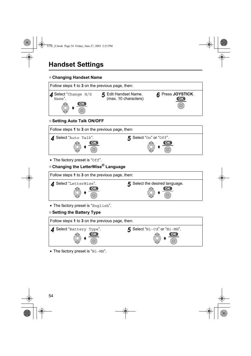 Handset settings | Panasonic KX-TCD515E User Manual | Page 54 / 96