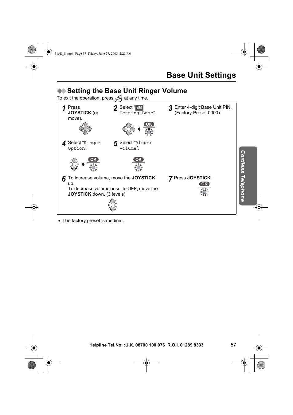 Base unit settings, Setting the base unit ringer volume | Panasonic KX-TCD515E User Manual | Page 57 / 96