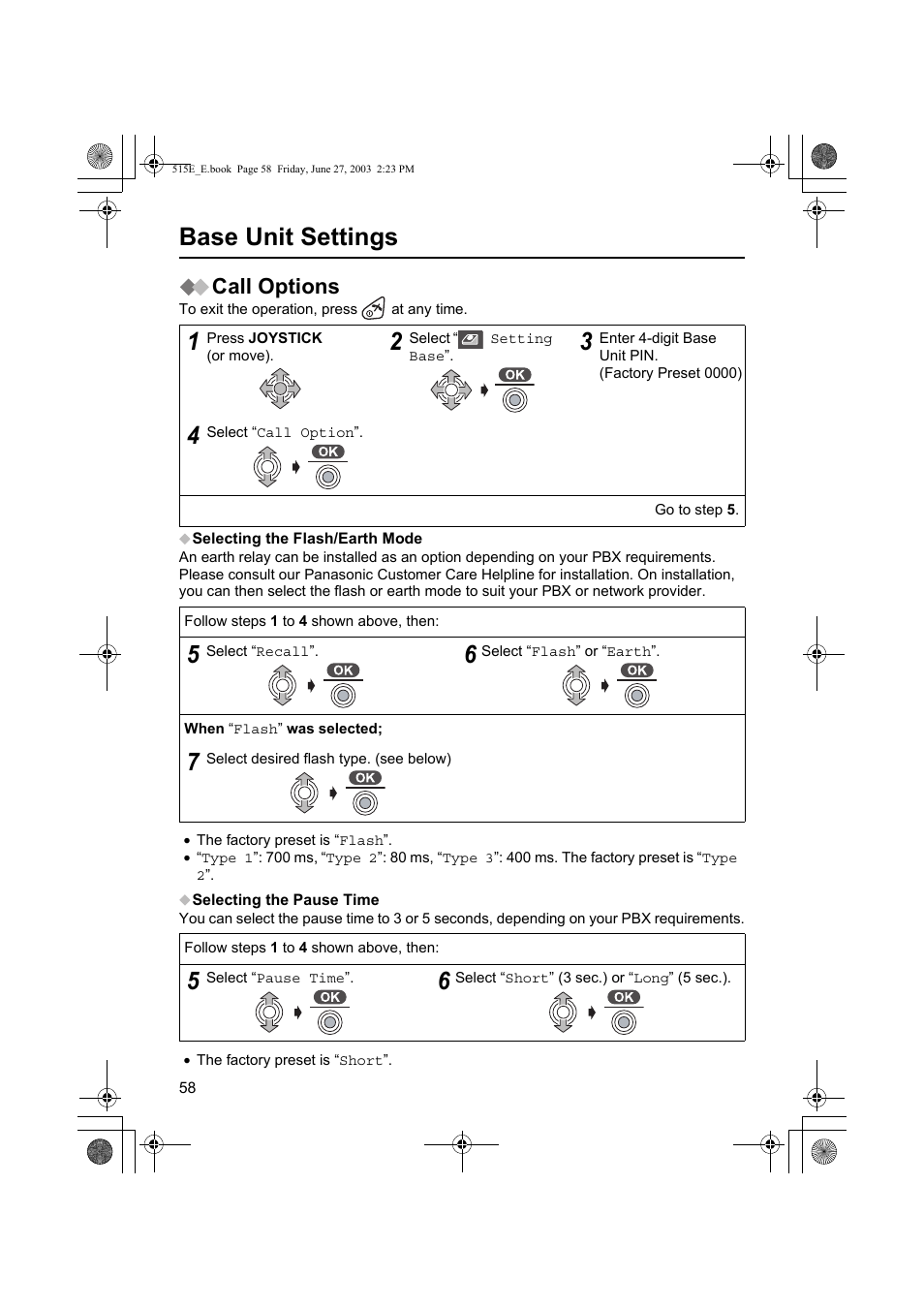 Base unit settings, Call options | Panasonic KX-TCD515E User Manual | Page 58 / 96