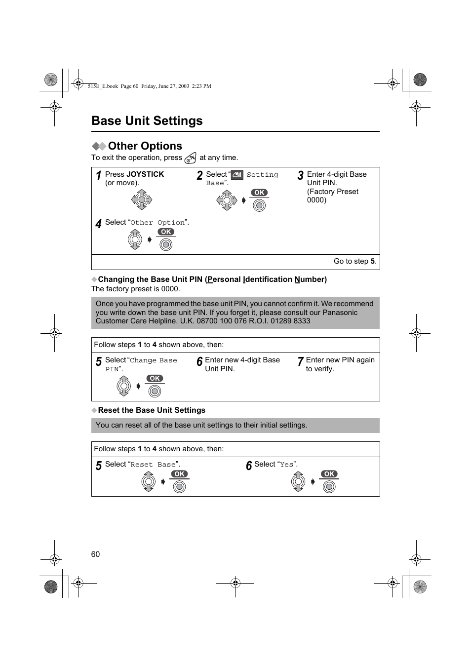 Base unit settings, Other options | Panasonic KX-TCD515E User Manual | Page 60 / 96