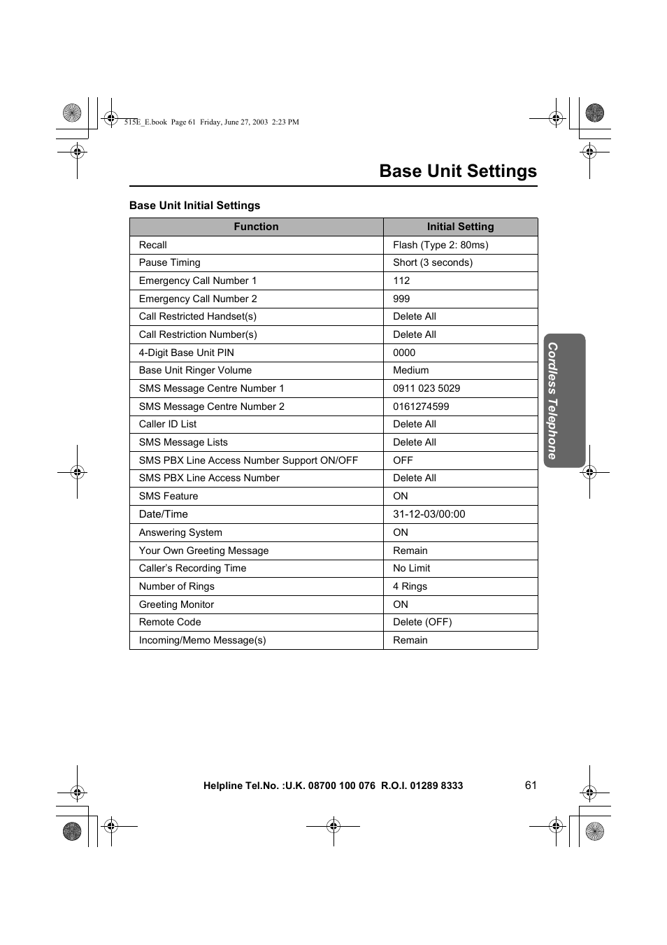 Base unit settings | Panasonic KX-TCD515E User Manual | Page 61 / 96