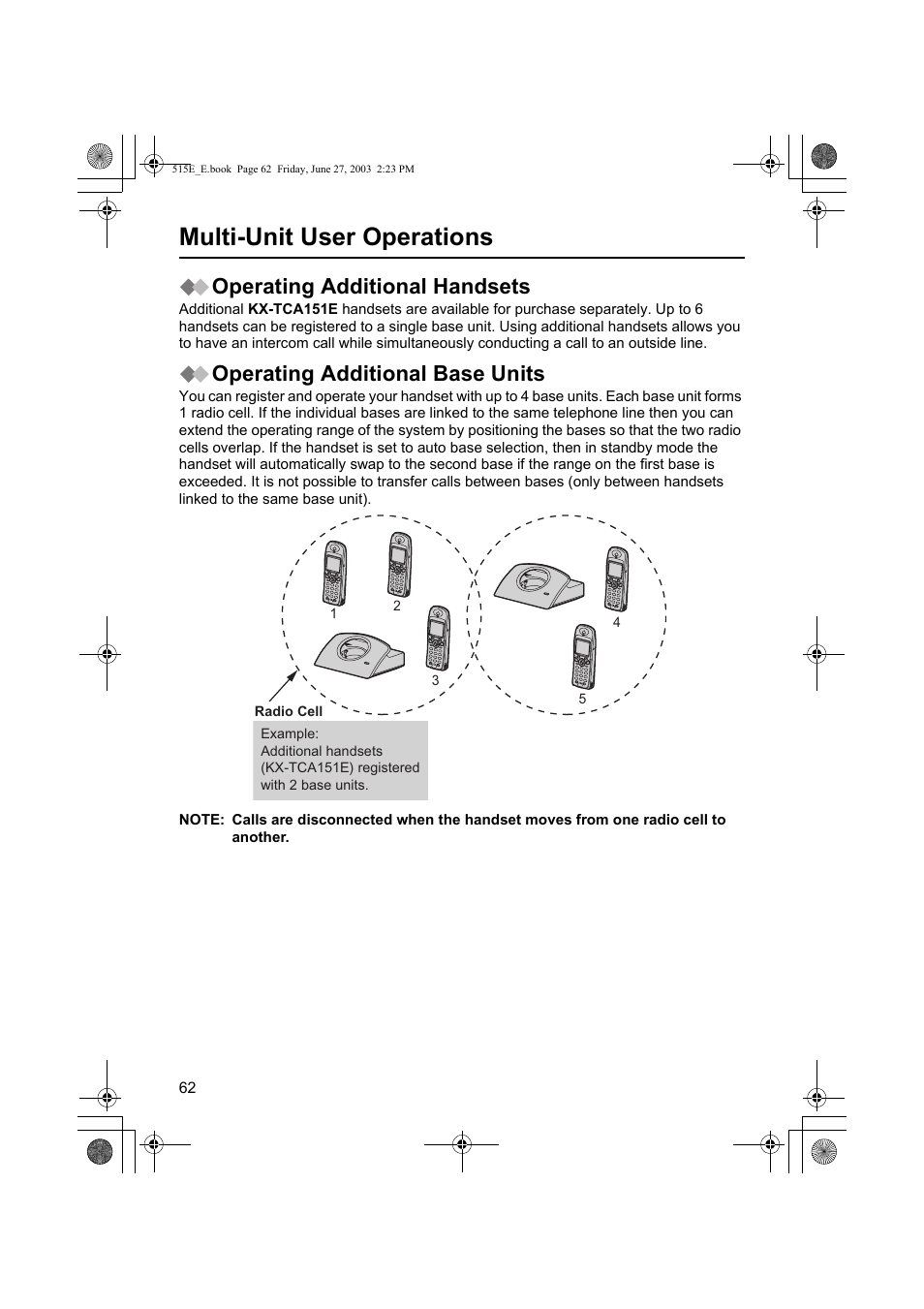 Multi-unit user operations, Operating additional handsets, Operating additional base units | Panasonic KX-TCD515E User Manual | Page 62 / 96
