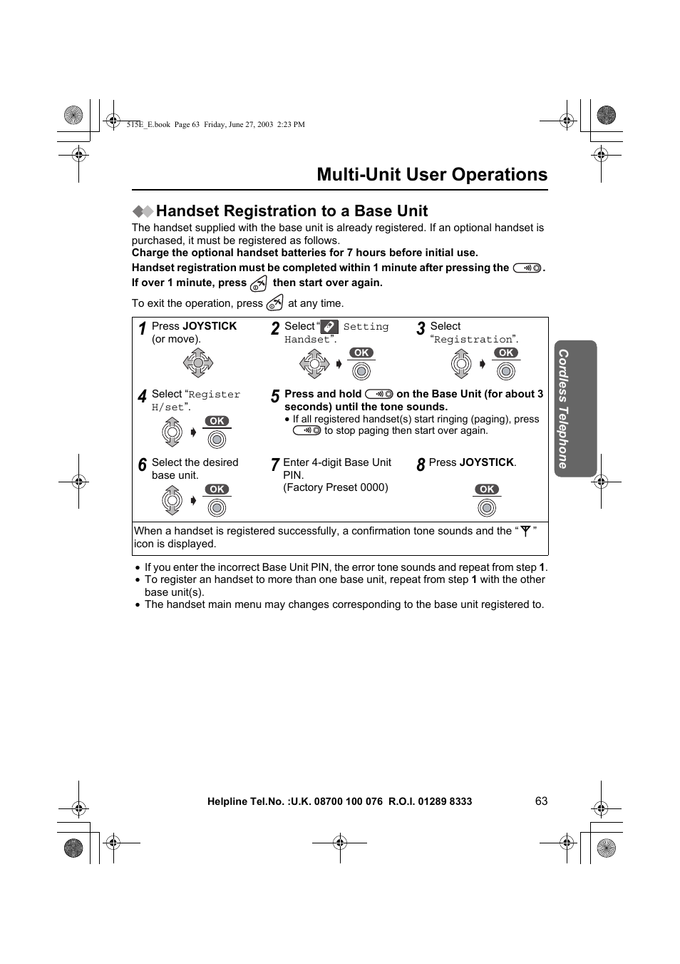 Multi-unit user operations, Handset registration to a base unit | Panasonic KX-TCD515E User Manual | Page 63 / 96