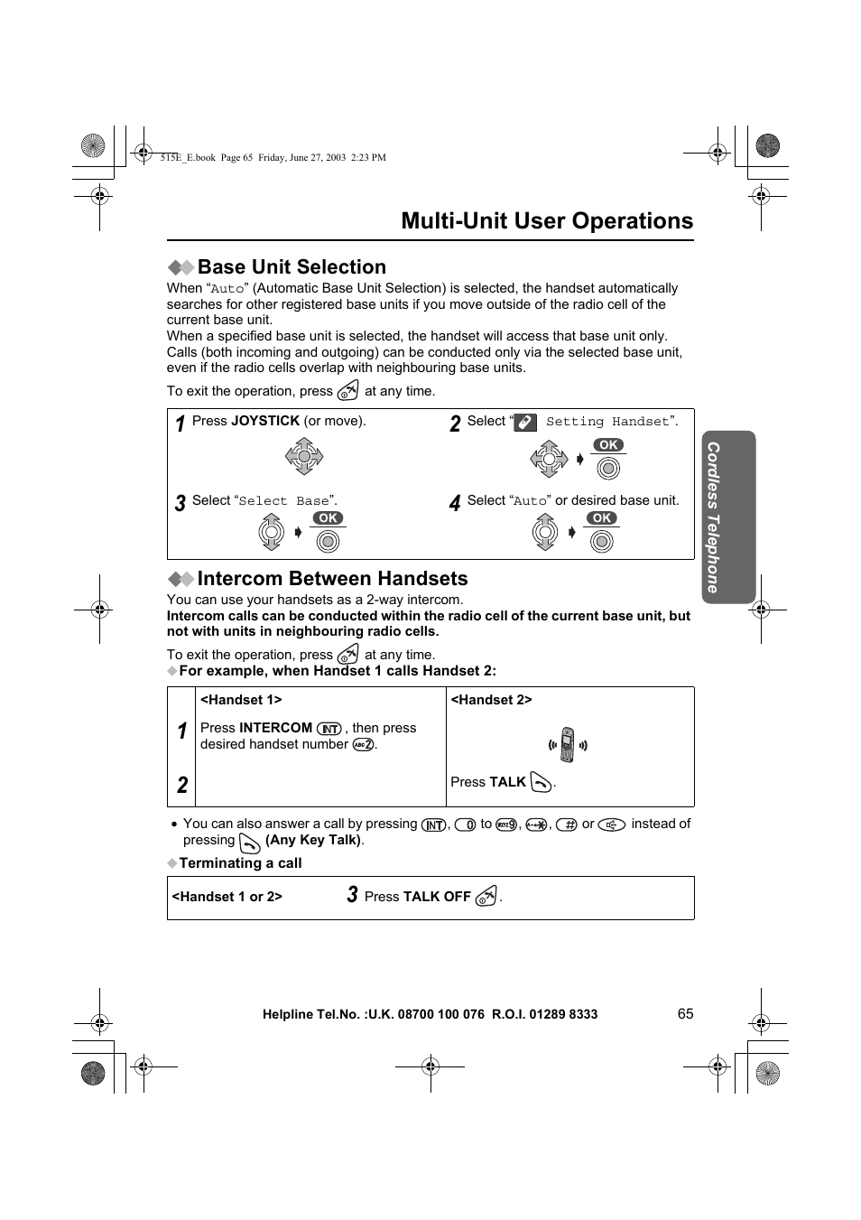 Multi-unit user operations, Base unit selection, Intercom between handsets | Panasonic KX-TCD515E User Manual | Page 65 / 96