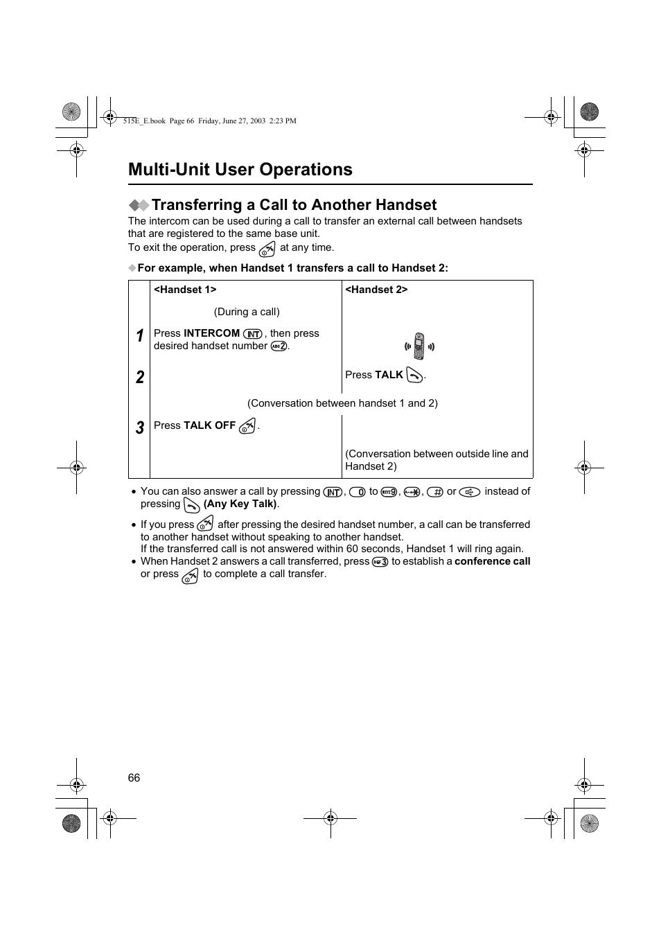 Multi-unit user operations, Transferring a call to another handset | Panasonic KX-TCD515E User Manual | Page 66 / 96