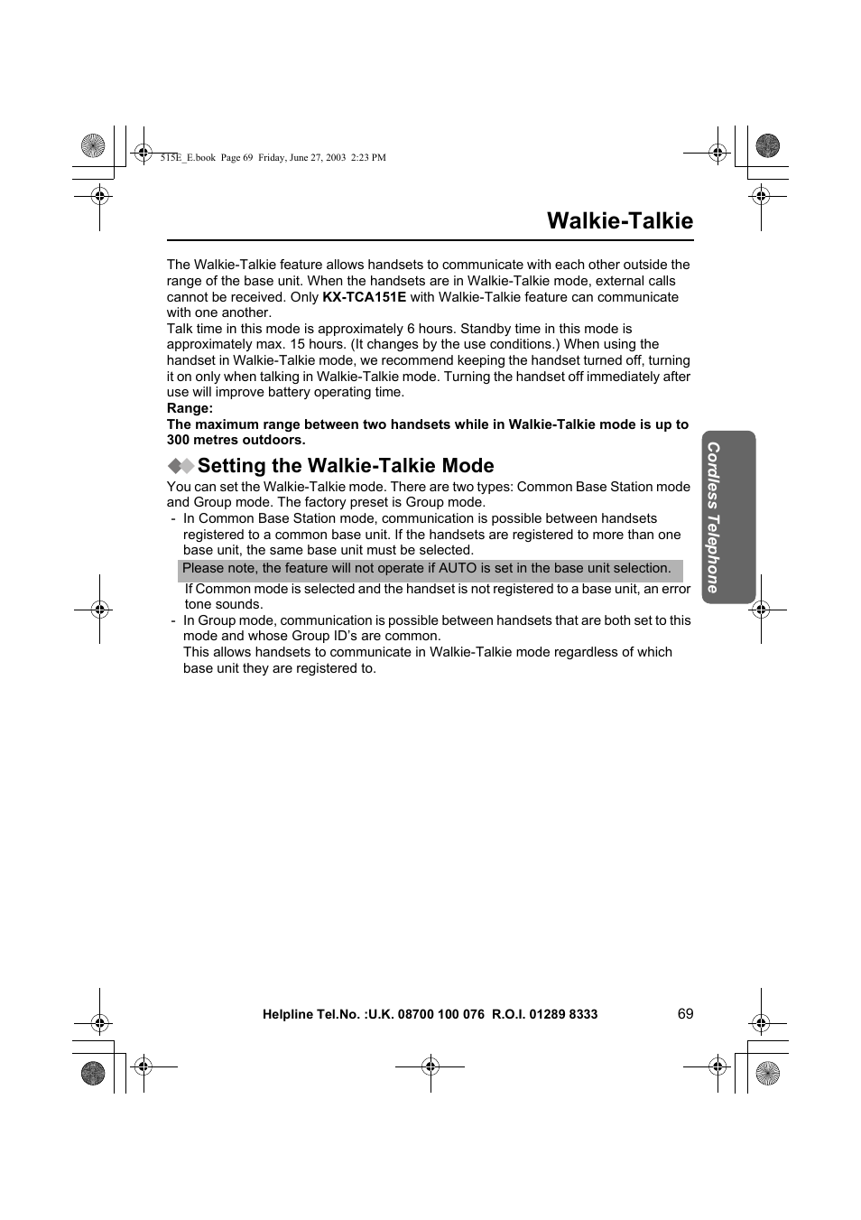 Walkie-talkie, Setting the walkie-talkie mode | Panasonic KX-TCD515E User Manual | Page 69 / 96