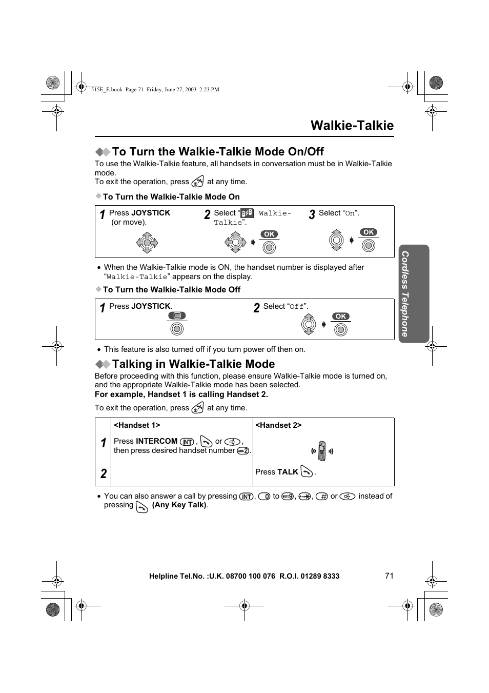 Walkie-talkie, Talking in walkie-talkie mode | Panasonic KX-TCD515E User Manual | Page 71 / 96