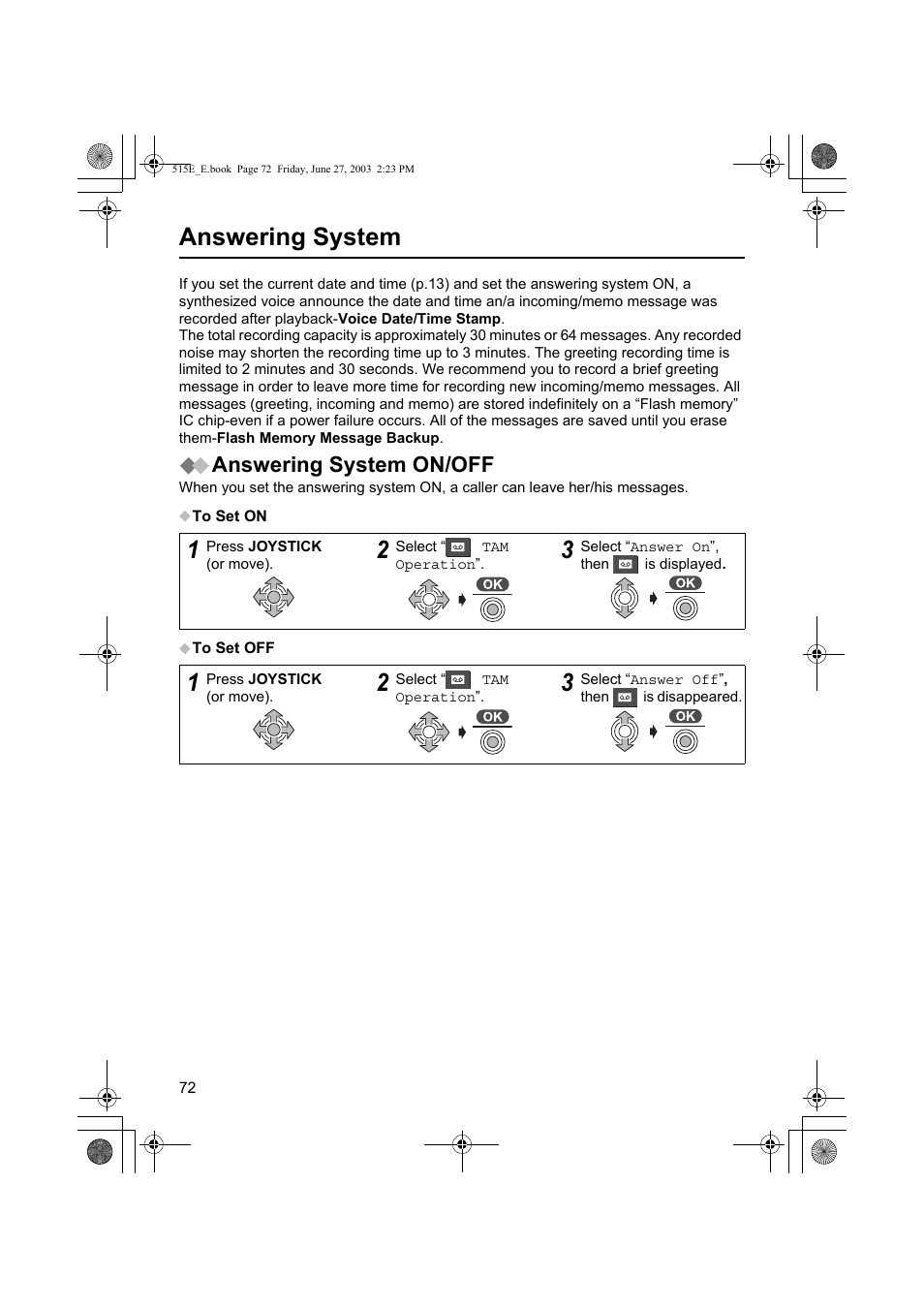 Answering system, Answering system on/off | Panasonic KX-TCD515E User Manual | Page 72 / 96