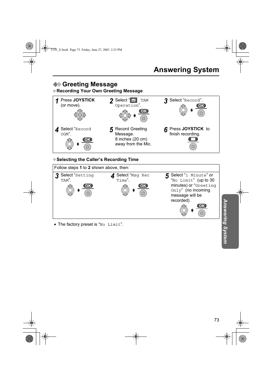 Answering system, Greeting message | Panasonic KX-TCD515E User Manual | Page 73 / 96