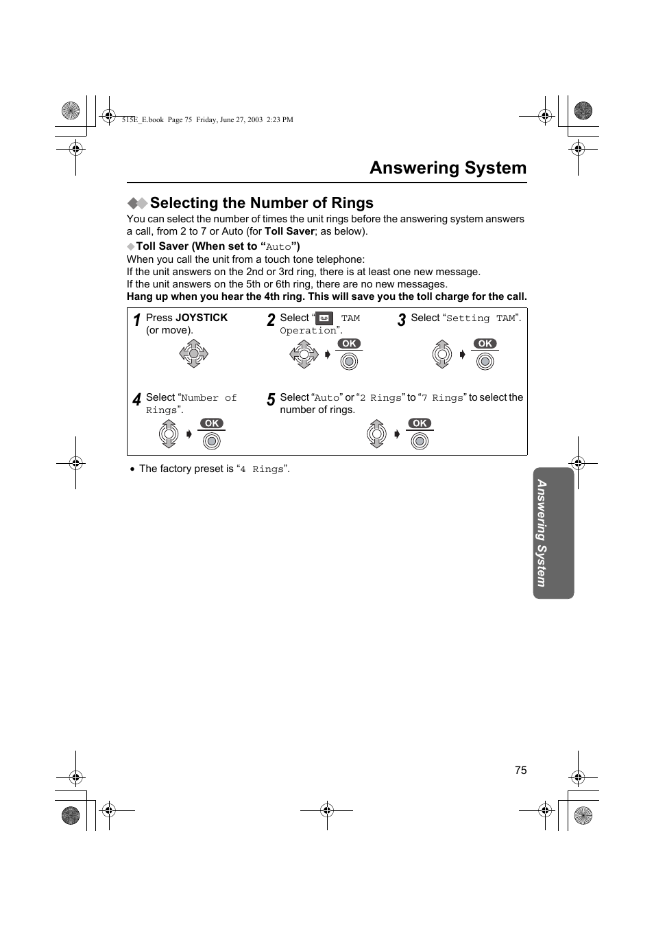 Answering system, Selecting the number of rings | Panasonic KX-TCD515E User Manual | Page 75 / 96