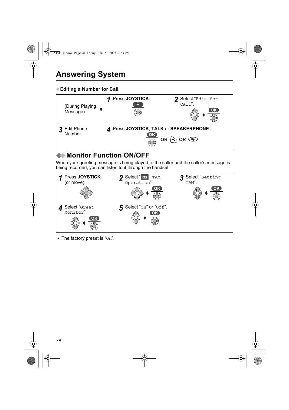 Answering system, Monitor function on/off | Panasonic KX-TCD515E User Manual | Page 78 / 96