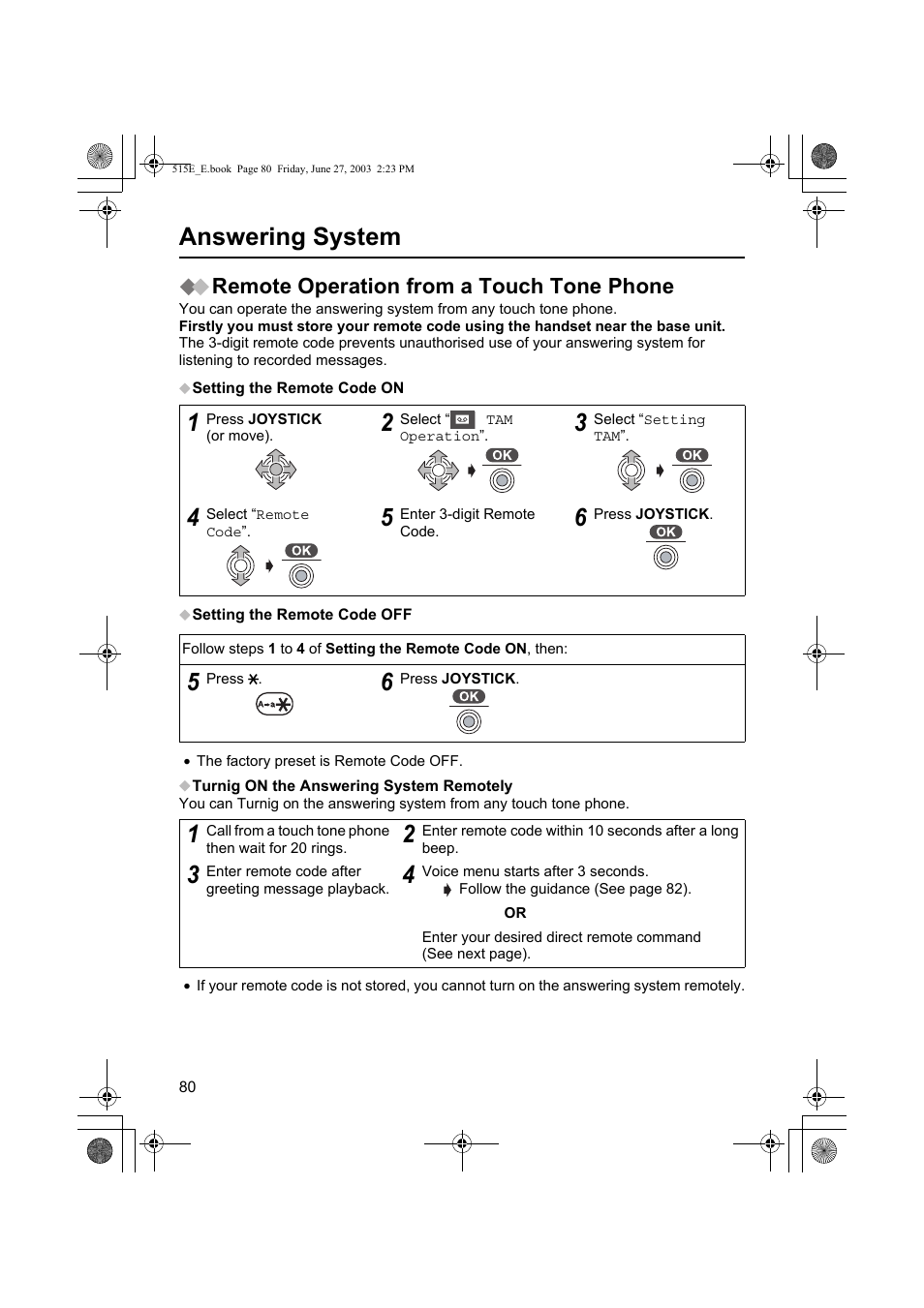 Answering system, Remote operation from a touch tone phone | Panasonic KX-TCD515E User Manual | Page 80 / 96