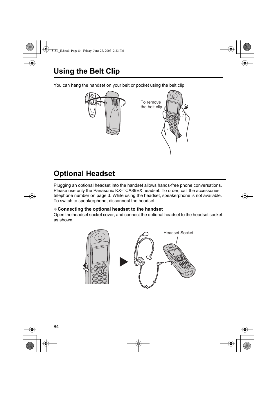 Using the belt clip, Optional headset | Panasonic KX-TCD515E User Manual | Page 84 / 96