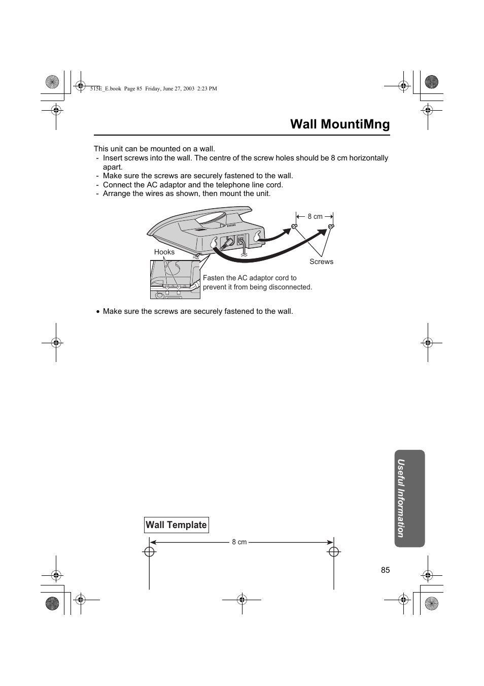 Wall mountimng | Panasonic KX-TCD515E User Manual | Page 85 / 96