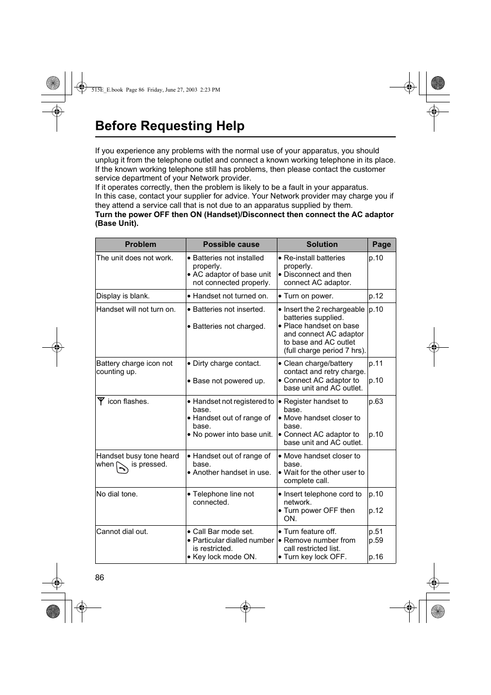 Before requesting help | Panasonic KX-TCD515E User Manual | Page 86 / 96