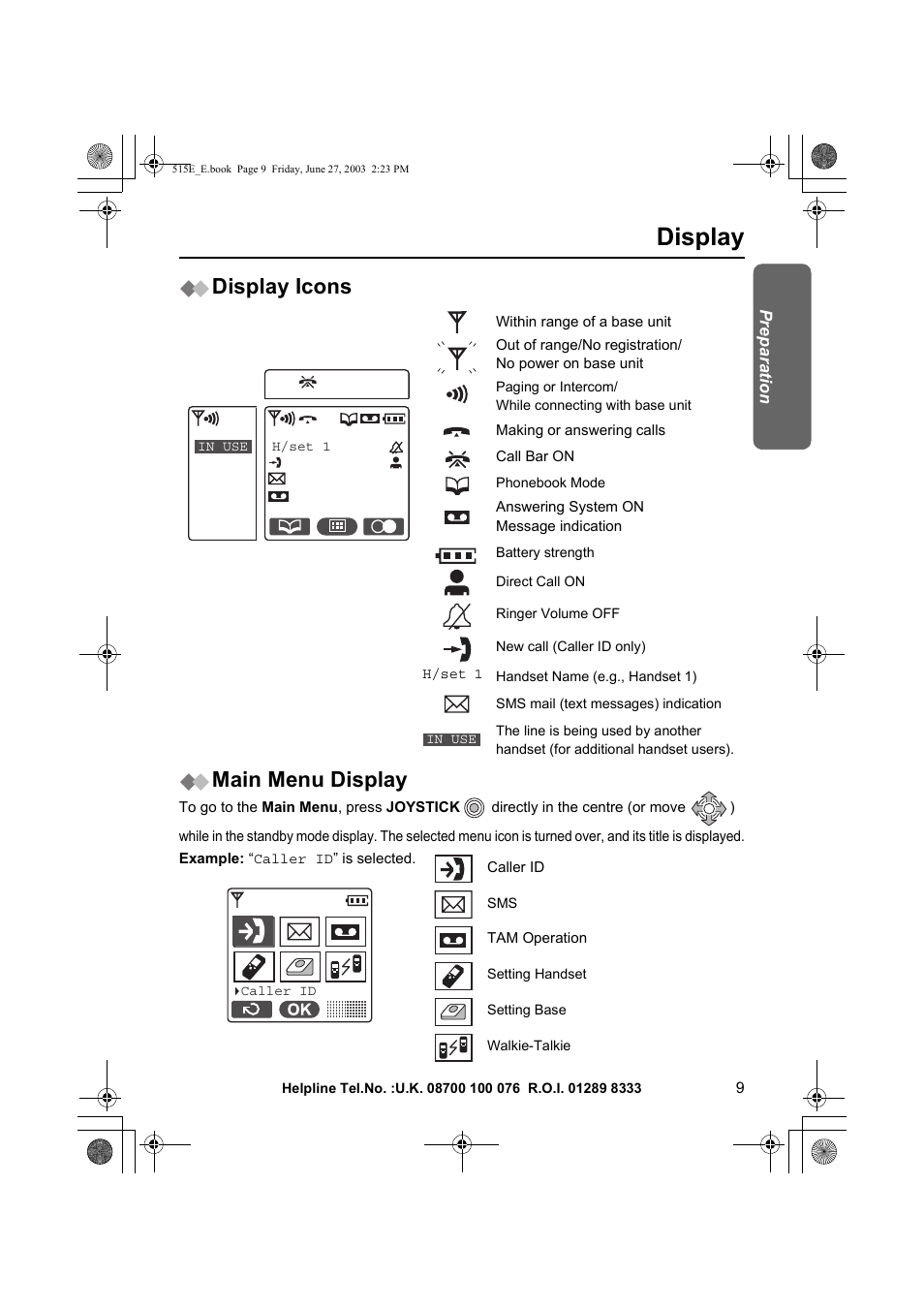 Display, Display icons main menu display | Panasonic KX-TCD515E User Manual | Page 9 / 96