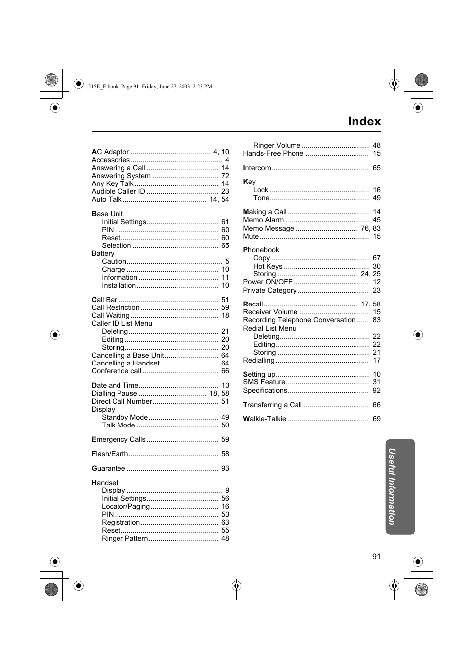 Index | Panasonic KX-TCD515E User Manual | Page 91 / 96