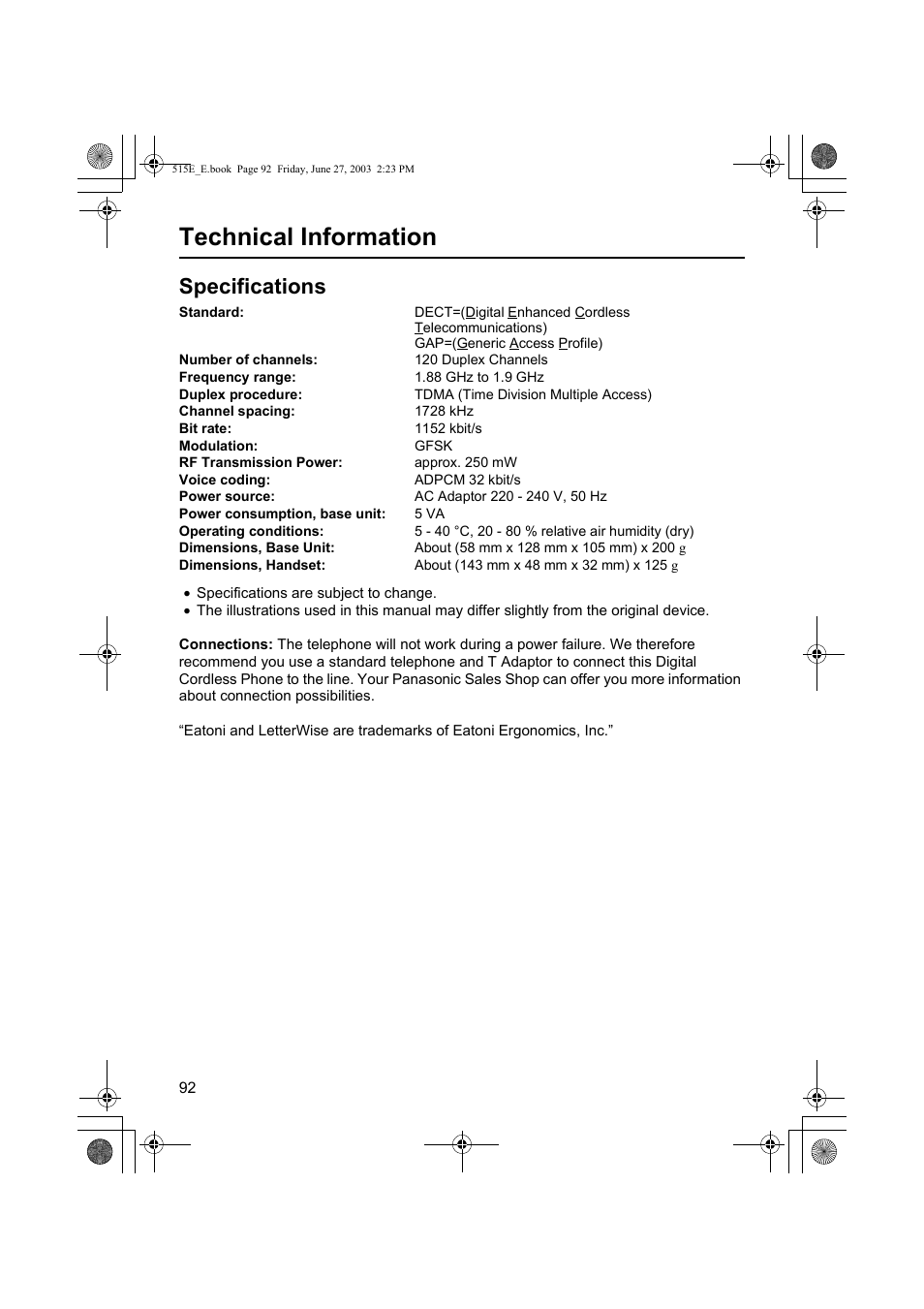 Technical information, Specifications | Panasonic KX-TCD515E User Manual | Page 92 / 96