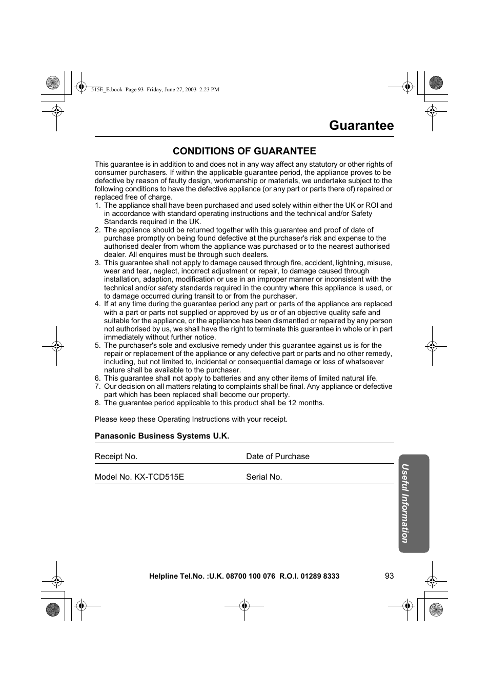 Guarantee, Conditions of guarantee | Panasonic KX-TCD515E User Manual | Page 93 / 96