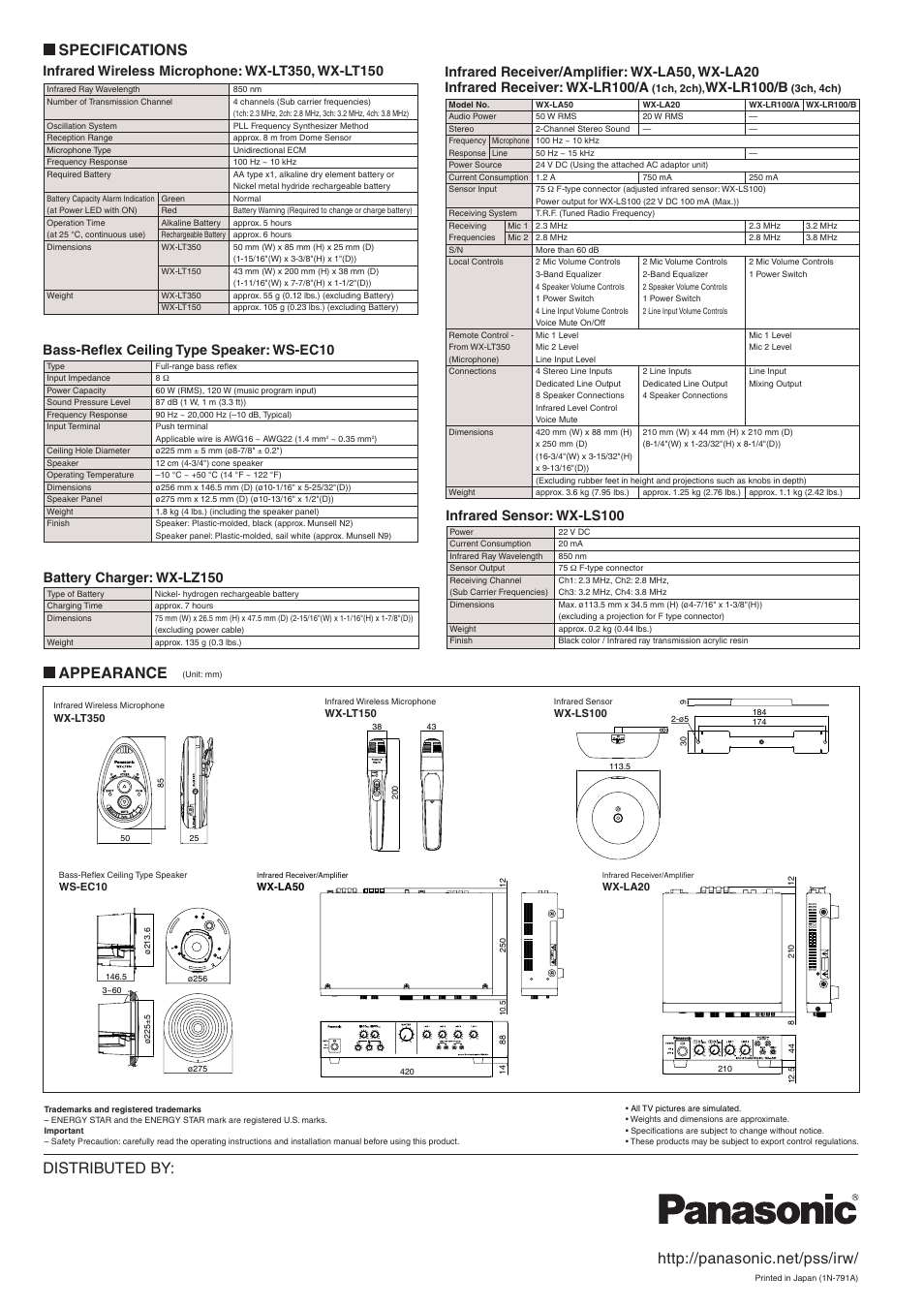 Distributed by, Specifications, Appearance | Panasonic WX-LT150 User Manual | Page 4 / 4