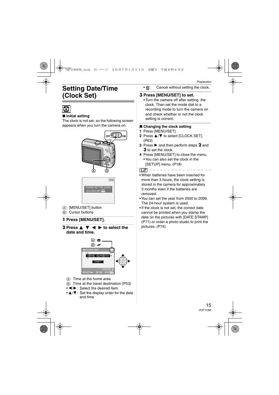 Setting date/time (clock set) | Panasonic DMC-LZ7 User Manual | Page 15 / 104
