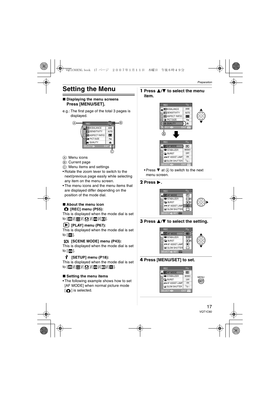 Setting the menu, Press [menu/set, 1 press 3 | 4 to select the menu item, 2 press 1 . 3 press 3, 4 to select the setting. 4 press [menu/set] to set | Panasonic DMC-LZ7 User Manual | Page 17 / 104