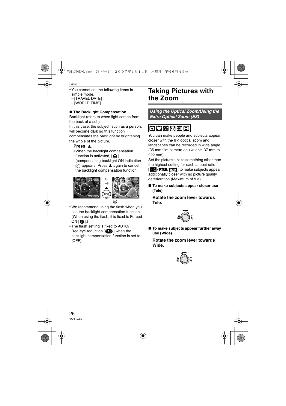 Taking pictures with the zoom | Panasonic DMC-LZ7 User Manual | Page 26 / 104