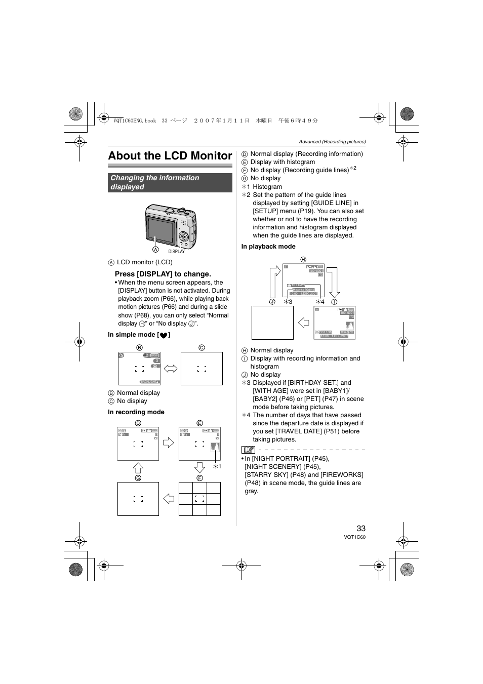 About the lcd monitor, Press [display] to change, Changing the information displayed | Panasonic DMC-LZ7 User Manual | Page 33 / 104