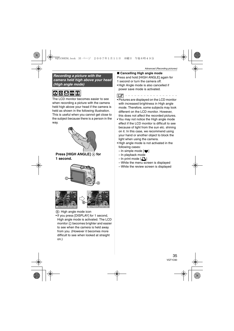 Press [high angle] a for 1 second. b | Panasonic DMC-LZ7 User Manual | Page 35 / 104