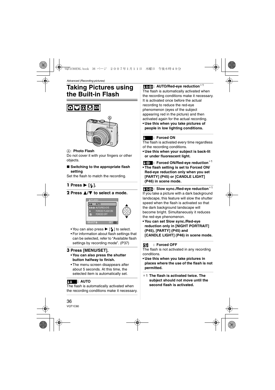 Taking pictures using the built-in flash | Panasonic DMC-LZ7 User Manual | Page 36 / 104