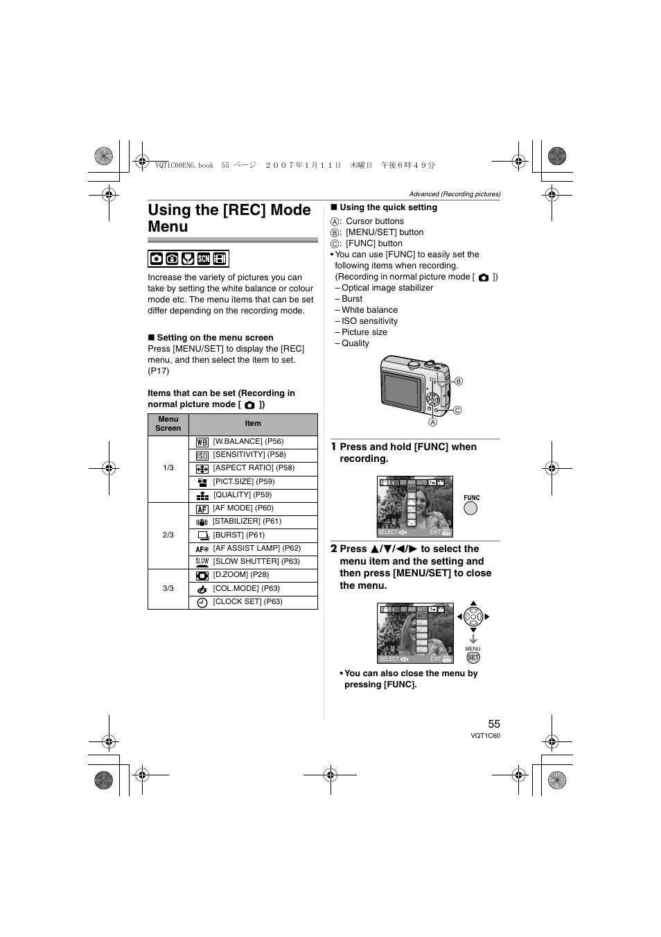 Using the [rec] mode menu | Panasonic DMC-LZ7 User Manual | Page 55 / 104