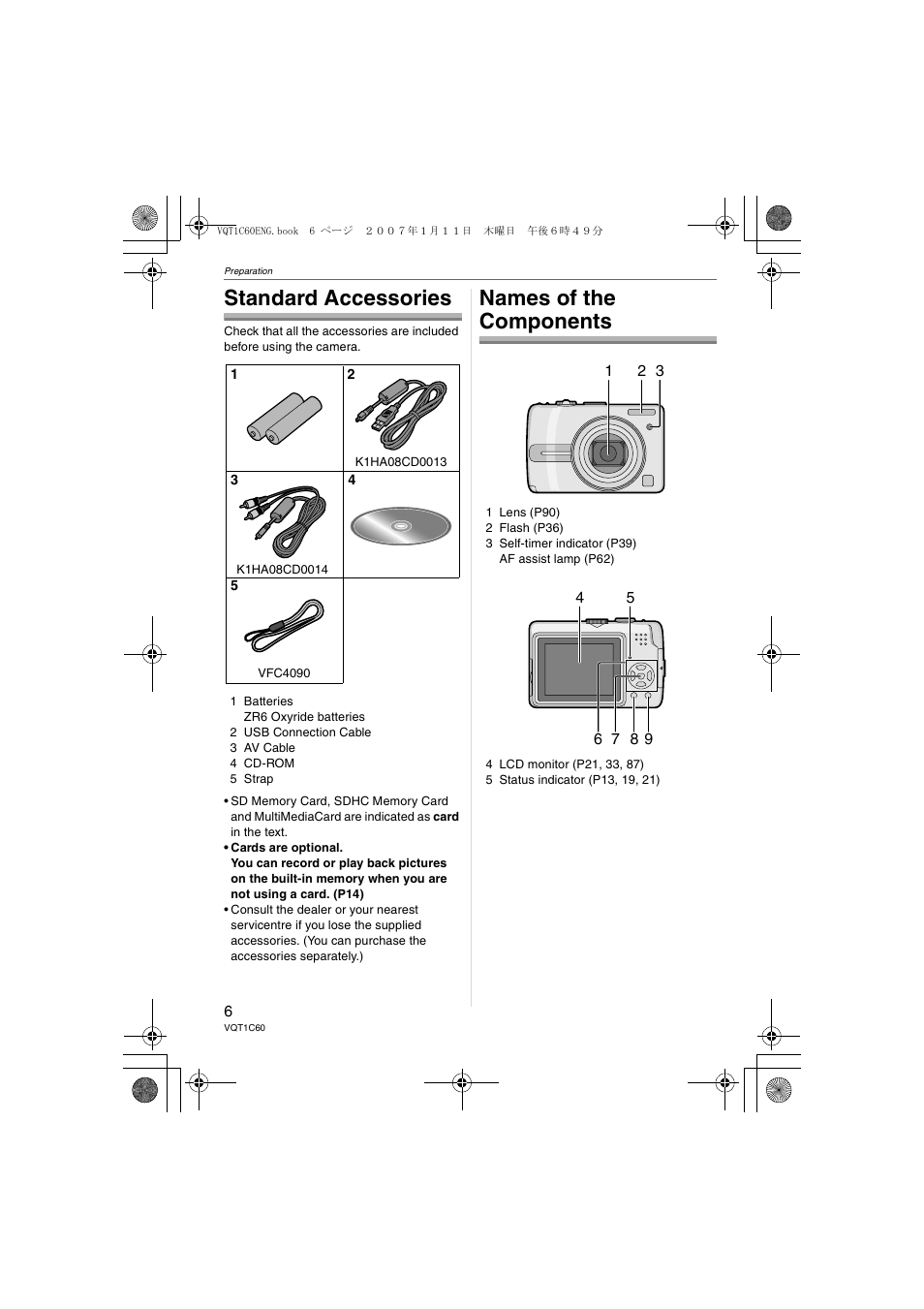 Standard accessories, Names of the components | Panasonic DMC-LZ7 User Manual | Page 6 / 104