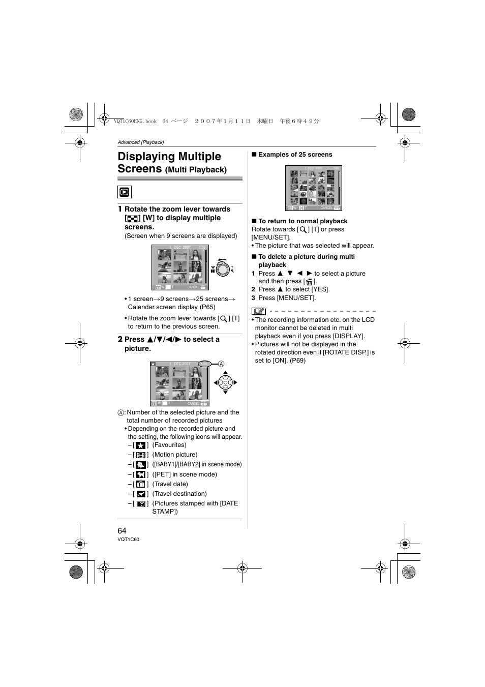Displaying multiple screens, Multi playback) | Panasonic DMC-LZ7 User Manual | Page 64 / 104