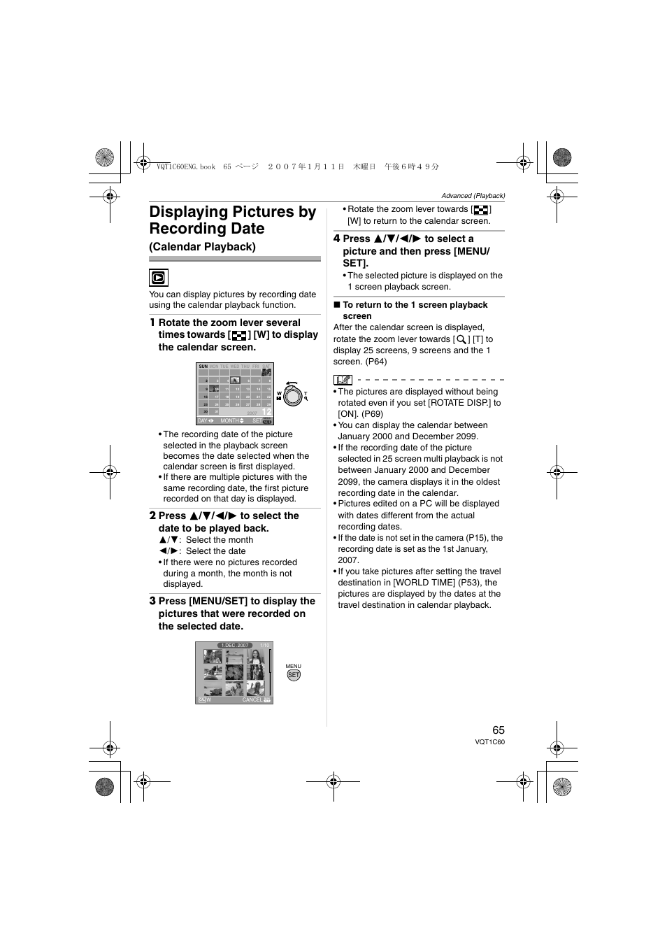 Displaying pictures by recording date, Calendar playback) | Panasonic DMC-LZ7 User Manual | Page 65 / 104