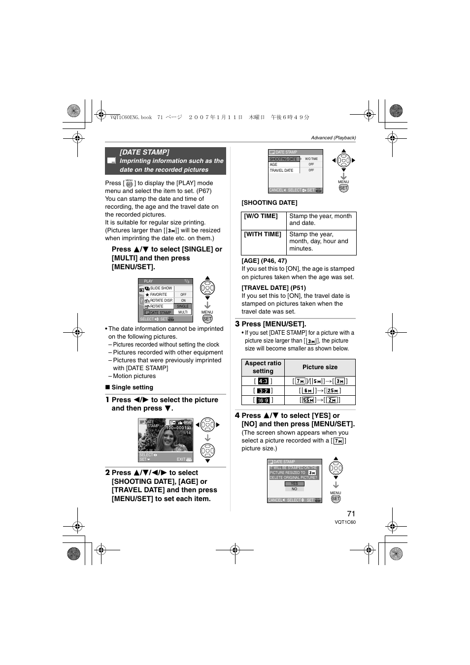 3 press [menu/set, Date stamp | Panasonic DMC-LZ7 User Manual | Page 71 / 104