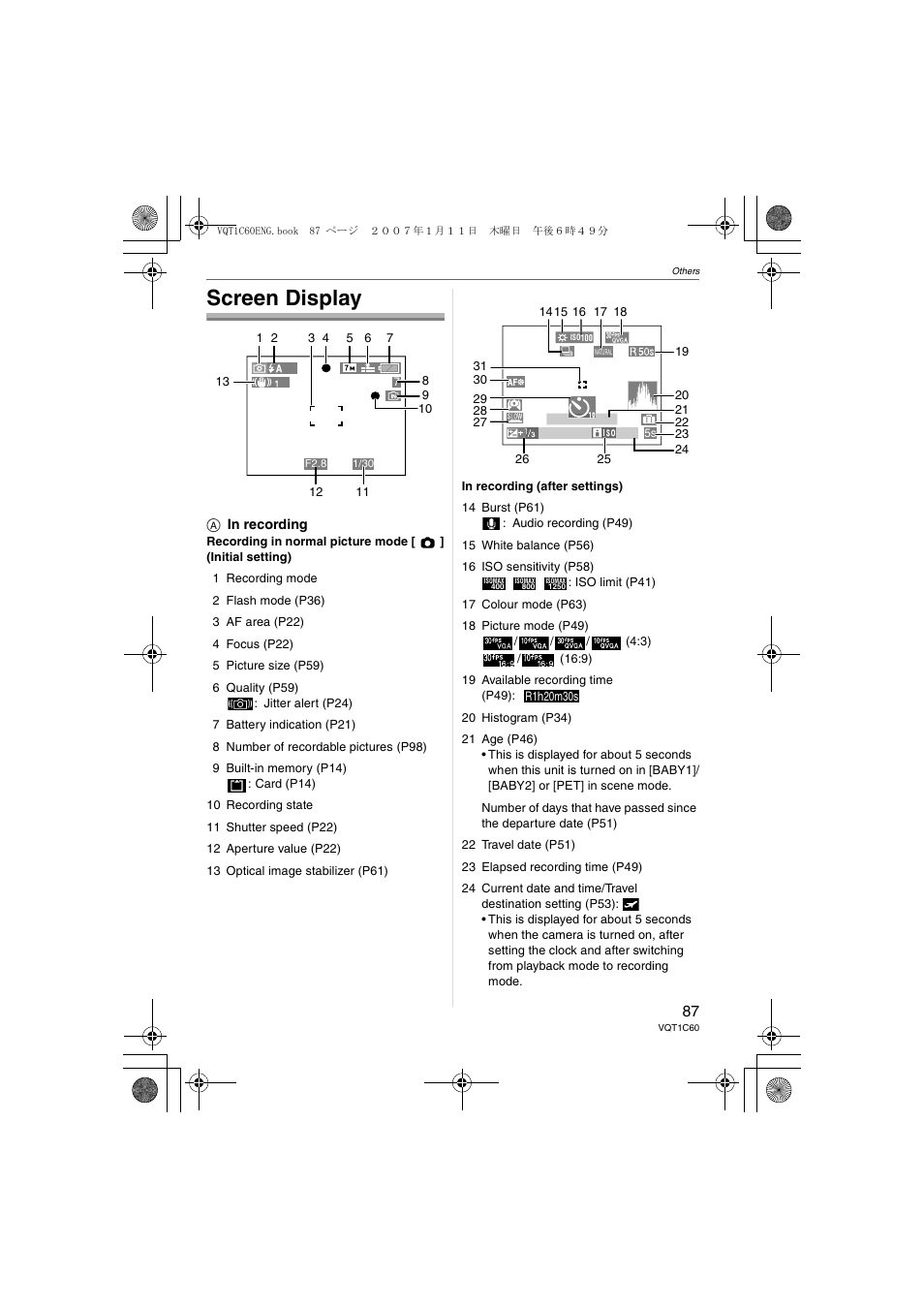 Screen display | Panasonic DMC-LZ7 User Manual | Page 87 / 104