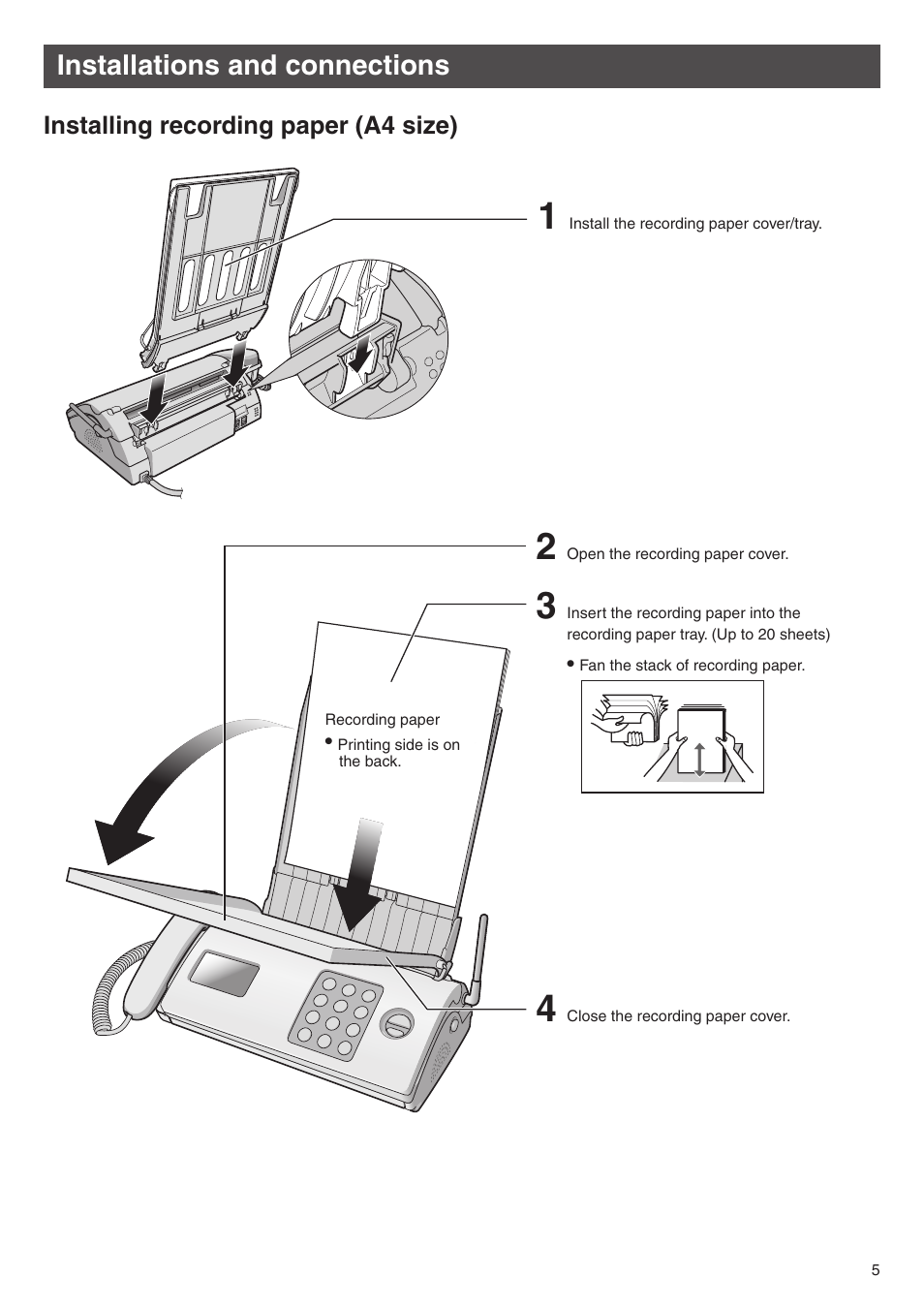 Installations and connections, Installing recording paper (a4 size) | Panasonic KX-PW603DL User Manual | Page 5 / 20