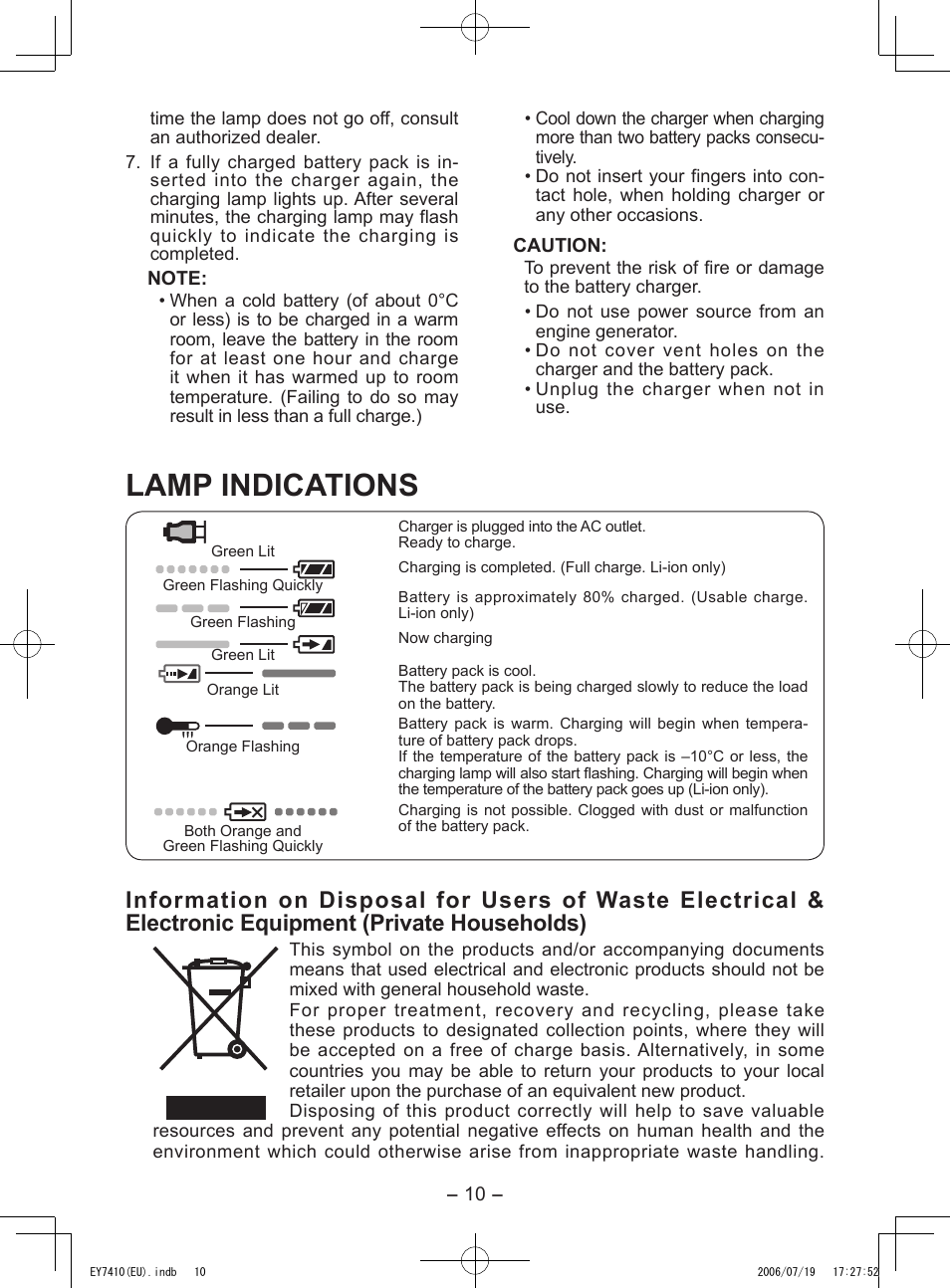 Lamp indications | Panasonic EY7410 User Manual | Page 10 / 14