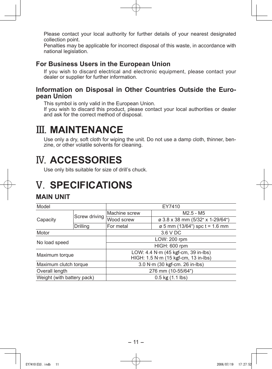 Maintenance, Accessories, Specifications | Panasonic EY7410 User Manual | Page 11 / 14