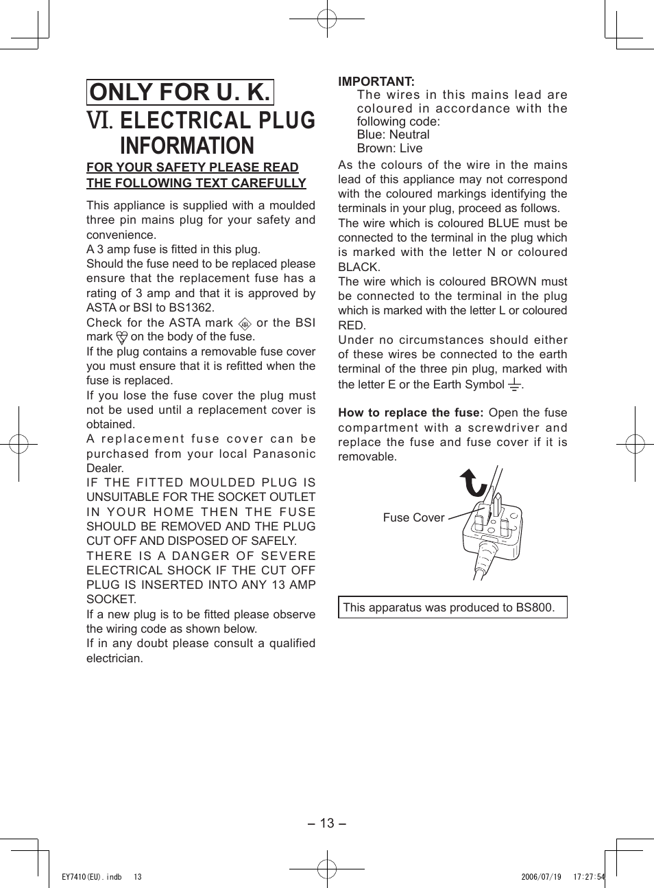 Only for u. k, Electrical plug information | Panasonic EY7410 User Manual | Page 13 / 14
