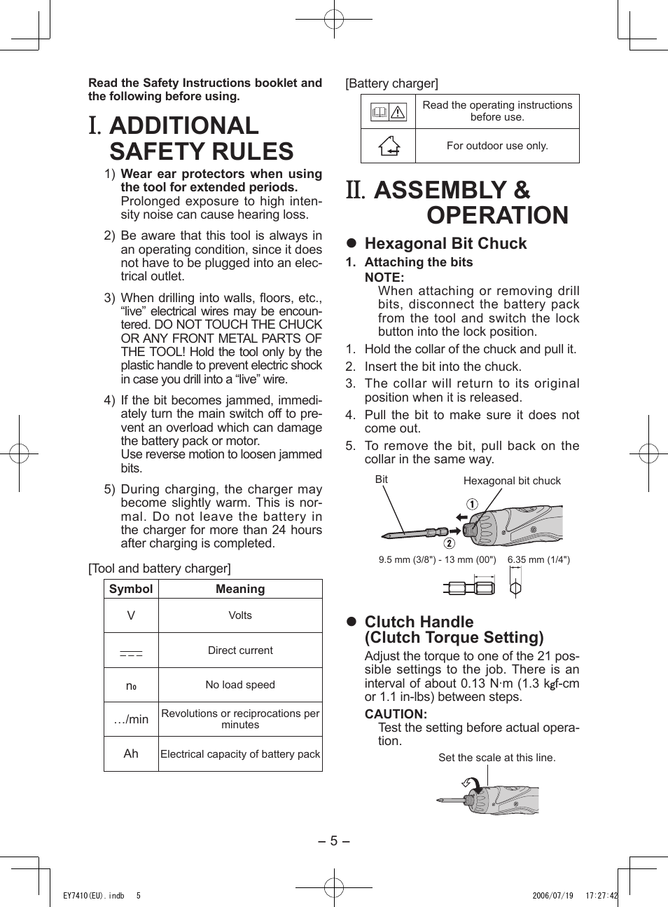 Additional safety rules, Assembly & operation, Hexagonal bit chuck | Clutch handle (clutch torque setting) | Panasonic EY7410 User Manual | Page 5 / 14