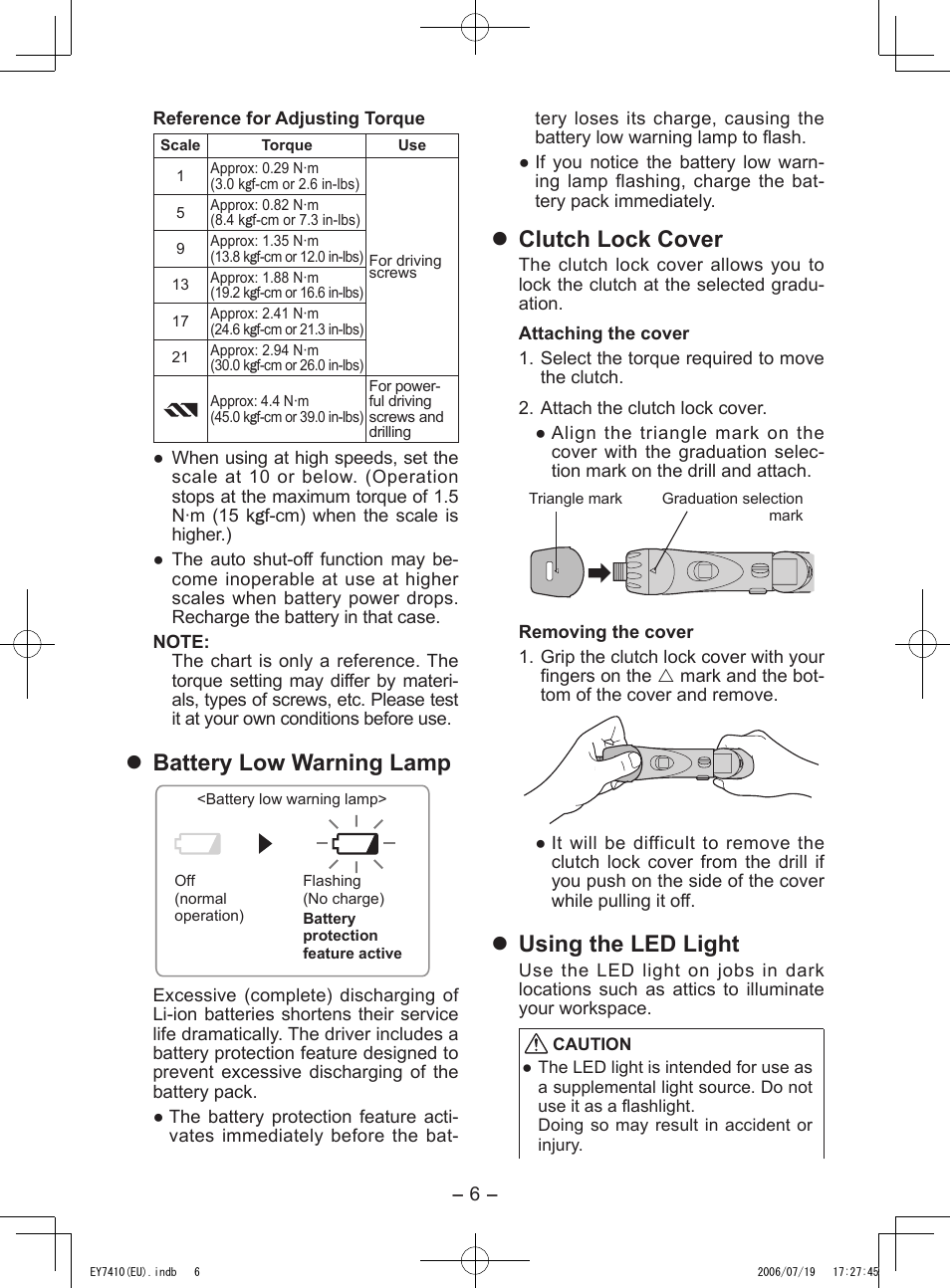 Battery low warning lamp, Clutch lock cover, Using the led light | Panasonic EY7410 User Manual | Page 6 / 14
