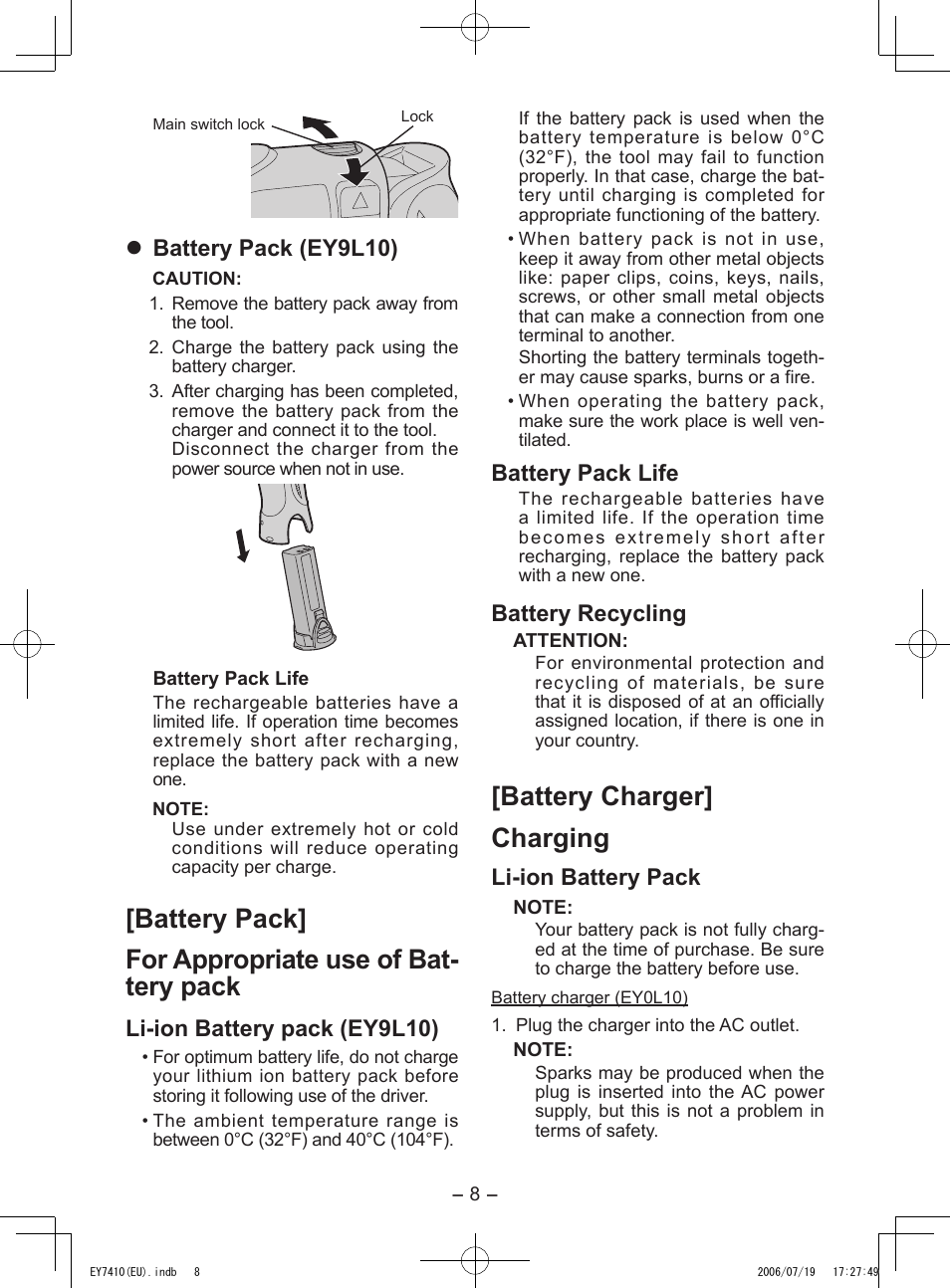 Battery charger] charging, Battery pack (ey9l10), Li-ion battery pack (ey9l10) | Battery pack life, Battery recycling, Li-ion battery pack | Panasonic EY7410 User Manual | Page 8 / 14