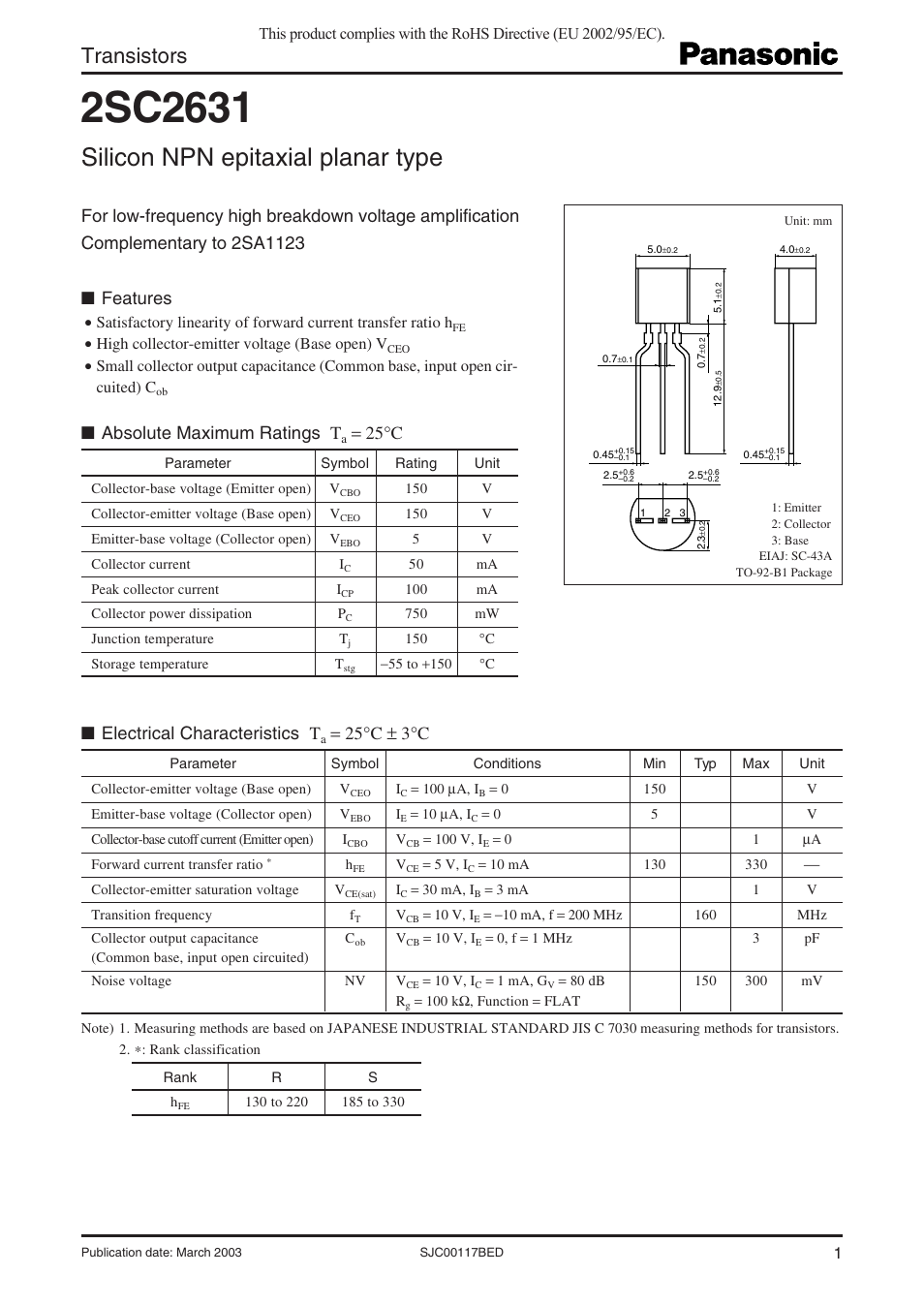 Panasonic 2SC2631 User Manual | 3 pages